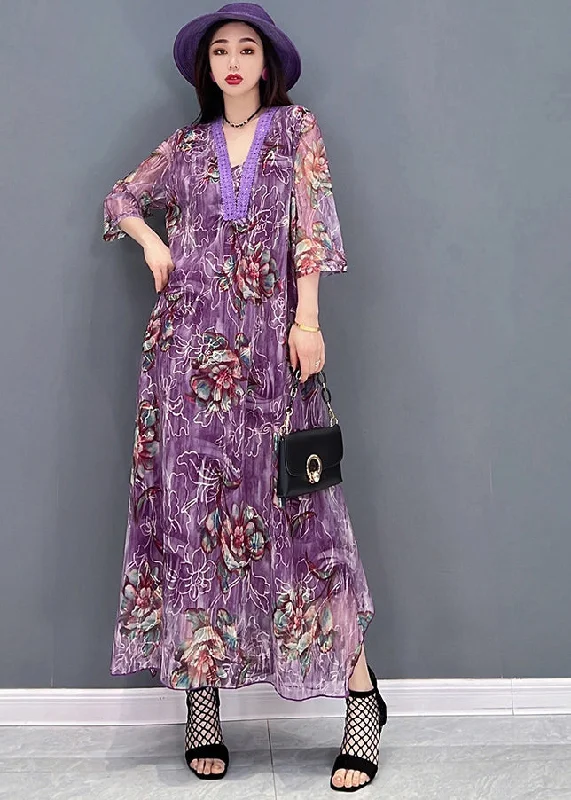 Boutique Purple V Neck Embroideried Hollow Out Tulle Maxi Dresses Half Sleeve Pink Tulle Dress