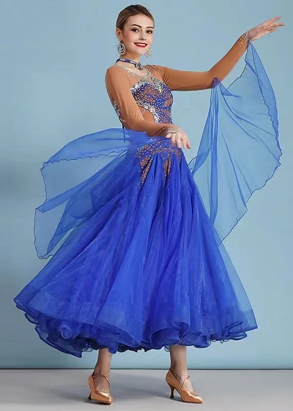 Fitted Royal Blue Zircon Tulle Patchwork Dance Dress Long Sleeve Ruffled Tulle Dress