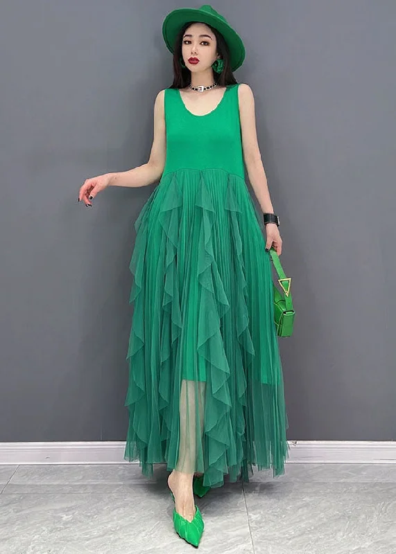 Green Tulle Patchwork Cotton Fitted Dresses O-Neck Sleeveless Sexy Tulle Dress