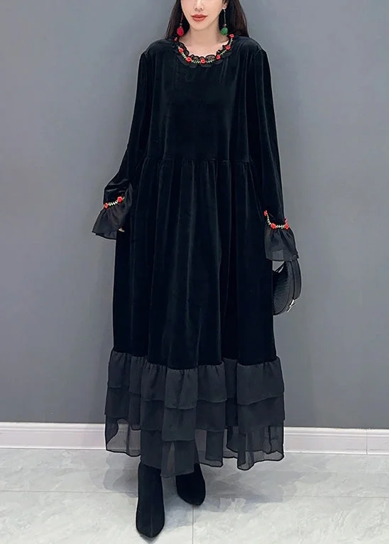 Chic Black Tulle Patchwork Silk Velvet Long Dresses Spring Chic Tulle Dress