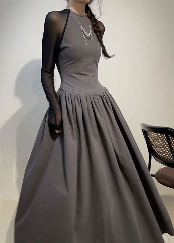 Sexy Grey O-Neck Wrinkled Tulle Patchwork Long Dress Long Sleeve White Tulle Dress