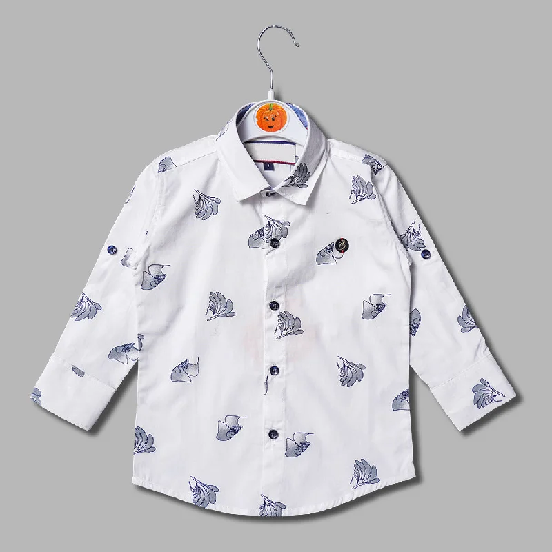 White Leaf Pattern Print Full Sleeves Shirt for Boys Pleated Shirt Dress