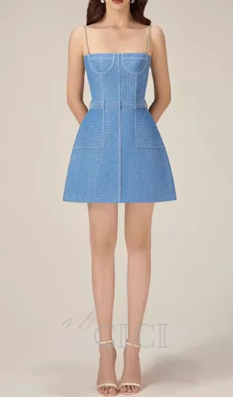 ANDREA DENIM RHINESTONE SUSPENDER MINI DRESS IN BLUE Forever 21 mini dresses