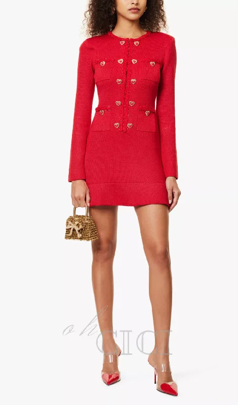 BETTY PATCH-POCKET ROUND-NECK KNITTED MINI DRESS IN RED Ruffled mini dresses