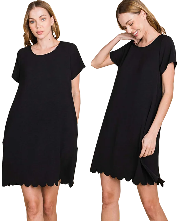 Cotton Bleu Black Scallop Hem Dress Knitted mini dresses