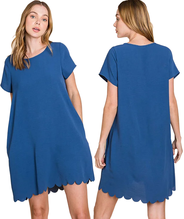 Cotton Bleu Navy Scallop Hem Dress Satin mini dresses