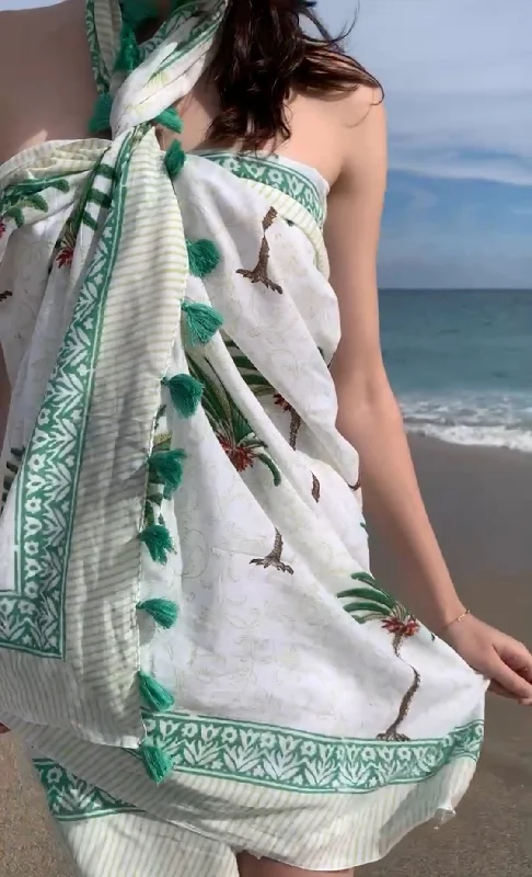 Handblock Cotton Sarong | Palm Tree Green Summer party mini dresses