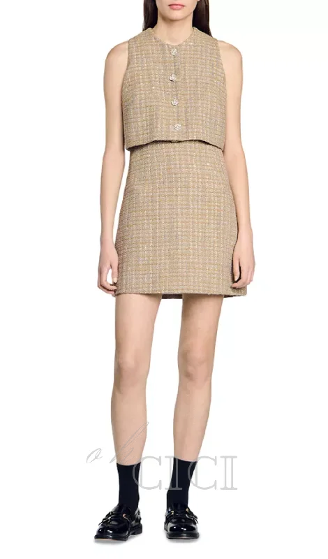 Penelope Tweed Mini Dress in camel Vacation mini dresses