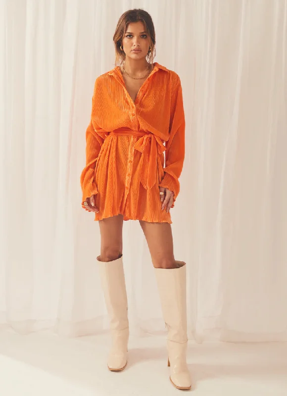 Soho Chic Shirt Plisse Dress - Tangerine Must-have mini dresses for this season