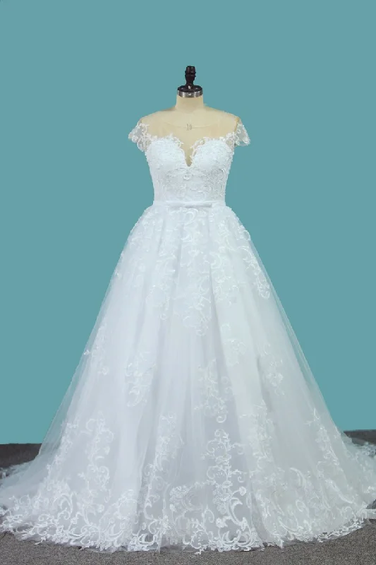 2024 A Line Lace Cap Sleeve Scoop Wedding Dresses With Beads Court Train Crystal Wedding Dress