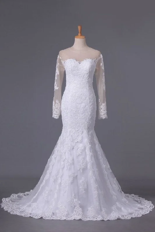 2024 Wedding Dresses Mermaid Scoop Long Sleeves Tulle With Applique PLHMP64G Wedding Dress Style