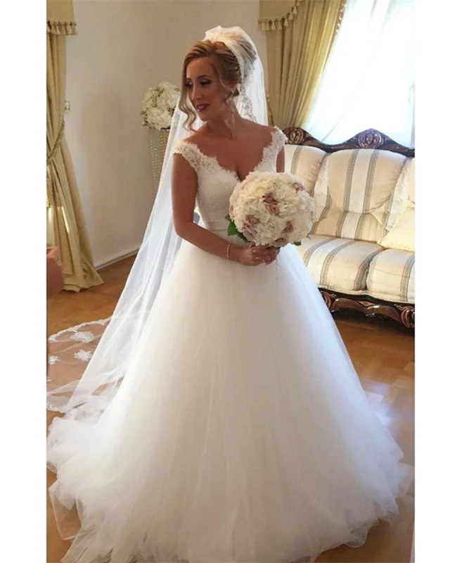 A-line Lace V-neck Tulle Princess Floor Length Wedding Dresses Romantic Lace Dress