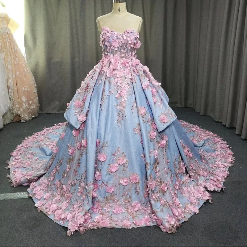 Amazing 3D Floral Lace Flower Satin Wedding Dresses Sweetheart Ball Gowns Sleeveless Bridal Gown