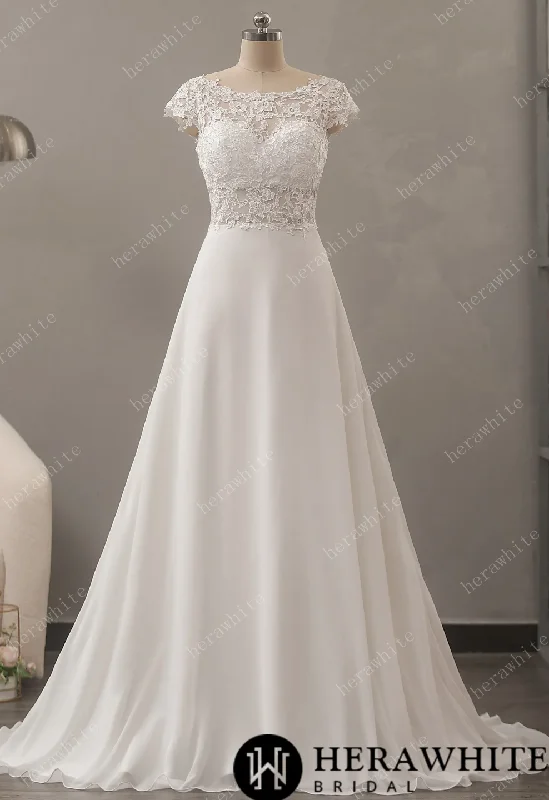 Chiffon Lace A-Line Wedding Dress with Cap Sleeve Floral Bridal Gown