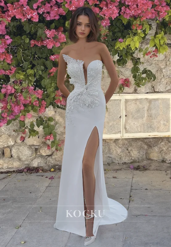 Sweetheart Sheath Beach Wedding Dress Sleeveless High Split Satin Boho Dress with Sequined Appliques Open Back Dress