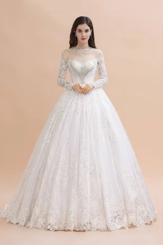 Elegant Long Sleeve Ctystal Beaded Lace Ball Gown Wedding Dress Sparkling Bridal Gown