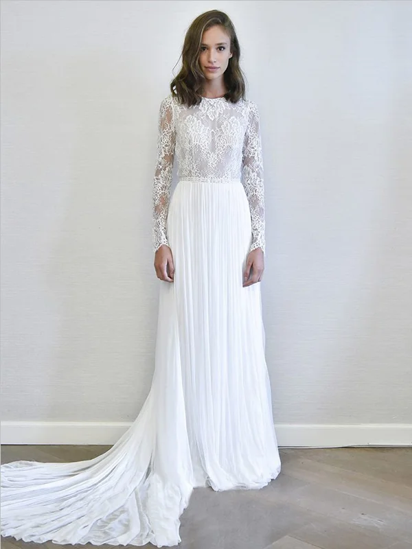 Elegant Long Sleeves Chiffon Lace Sweep Trailing Long Wedding Dresses ,MD358 Modern Lace Gown