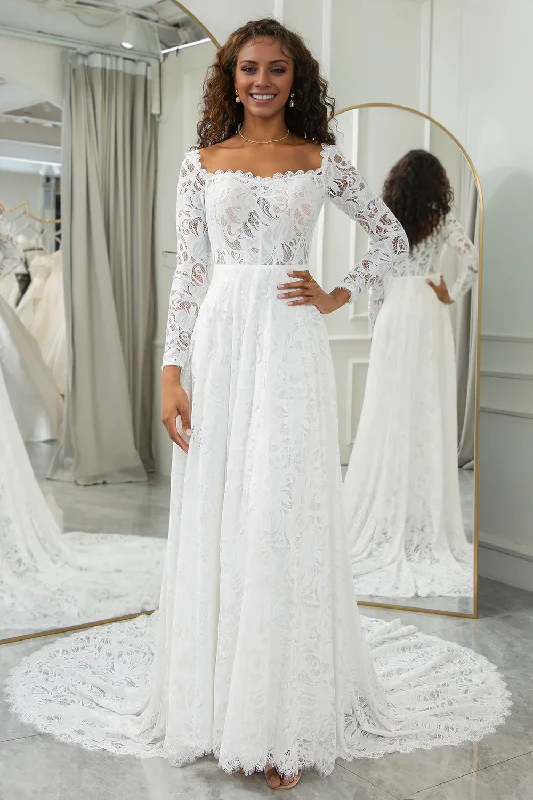 Ivory A-Line Lace Wedding Dress Sweep Train Dress with Sleeves Sexy Wedding Dress