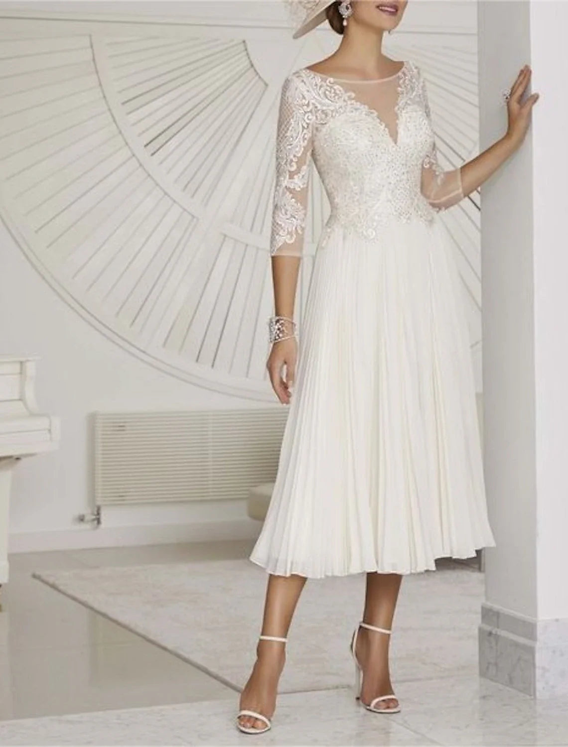 Little White Dresses Formal Wedding Dresses A-Line Boat Neck 3/4 Length Sleeve Tea Length Chiffon Bridal Gowns With Pleats Beading Classic Lace Gown