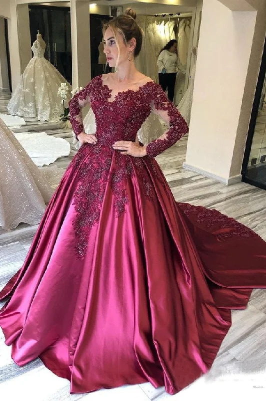 Long Sleeves Lace Appliques Burgundy Court Train Ball Gown Prom Dresses DMS8 Ruffled Wedding Dress