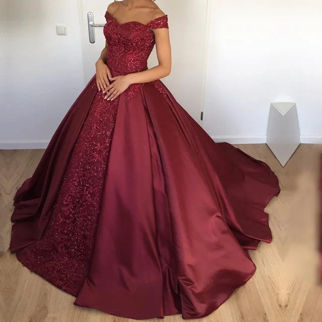 Maroon Satin Ball Gowns Wedding Dresses Off The Shoulder Off-shoulder Bridal Dress