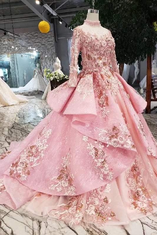 New Arrival Pink Prom Dresses Long Sleeves Ball Gown High Neck Quinceanera Dresses DMK17 Boho Wedding Gown