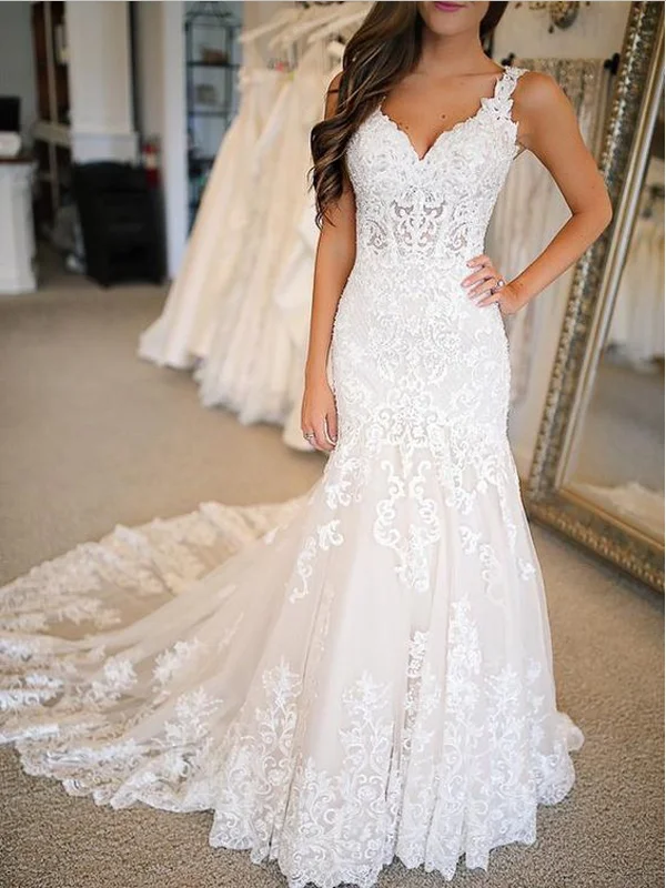 Pretty Lace Applique Spaghetti Straps V Neck Mermaid Wedding Dresses ,MD346 Luxury Lace Gown