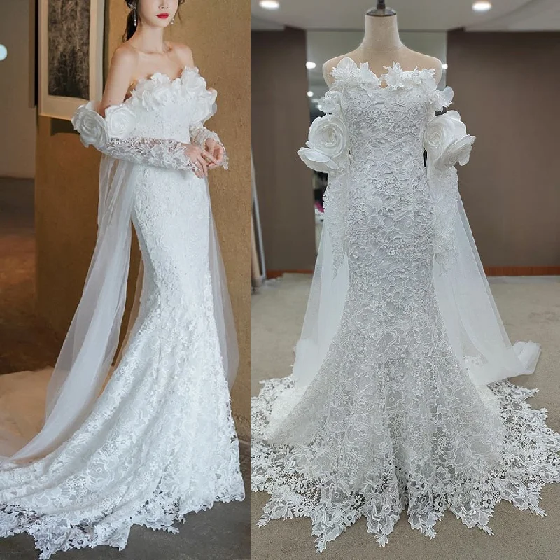 Royal 3D Flower Mermaid Wedding Dress White Lace Gown