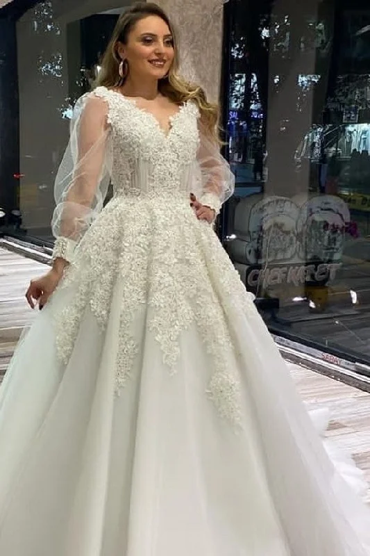 Unique A-Line V-neck Wedding Dress With Appliques Lace Tulle Puffy Long Sleeves Glitter Wedding Dress