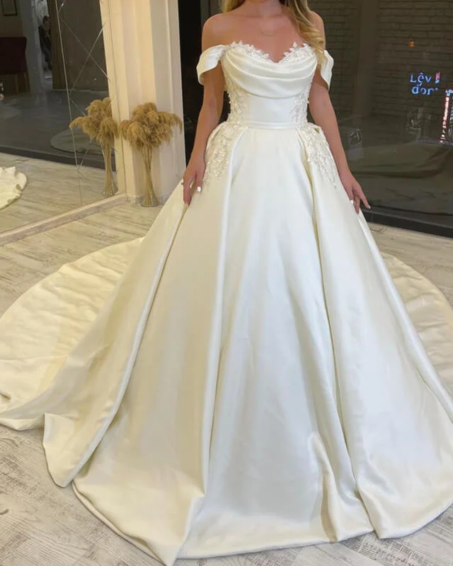 Princess Off Shoulder Appliques Ruched Satin Wedding Dress Silk Wedding Gown