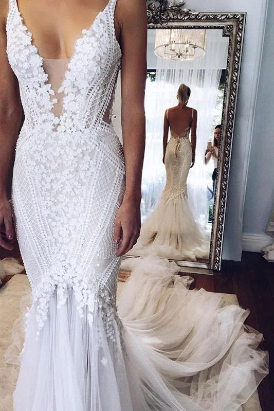 White Deep V neck Backless Mermaid Sleeveless Lace Tulle Long Beach Wedding Dress N536 Satin Wedding Dress