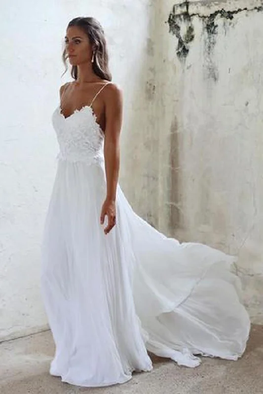 A-line Spaghetti Straps Backless Chiffon Lace Long Wedding Dress Sleek Wedding Dress