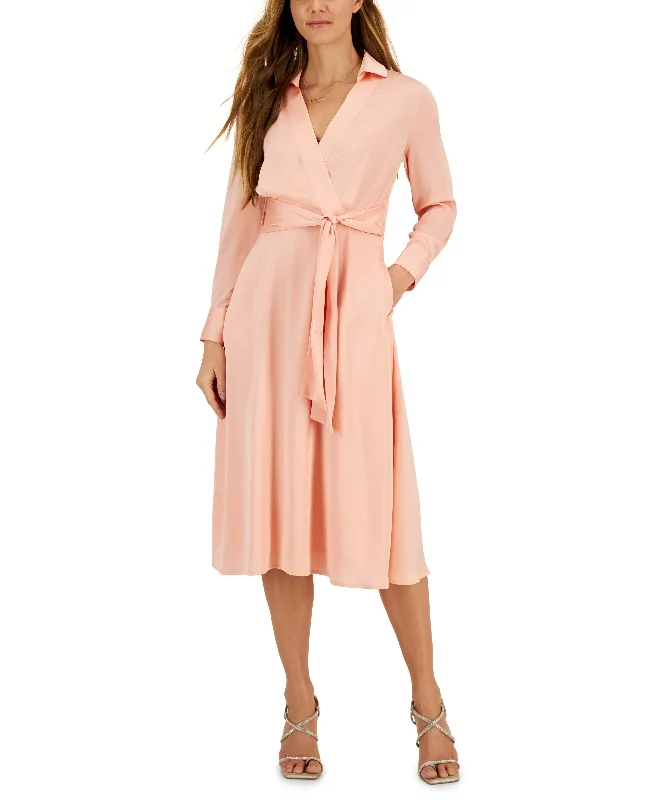 Hammered Satin Faux-Wrap Midi Shirtdress Minimalist midi dresses