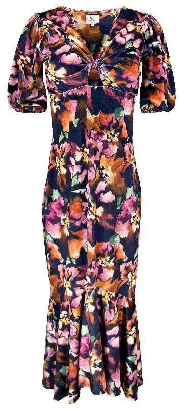 MISA Wallis Velvet Floral Midi Dress in Navy Multi Tiered midi dresses