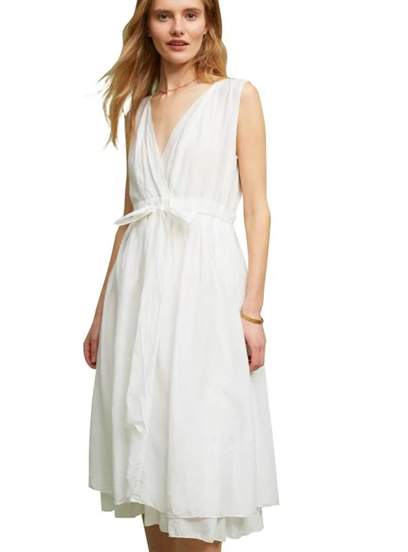 V-NECK DRESS WHITE SLEEVELESS COLD SHOULDER MIDI DRESS Trendy midi dresses under $50