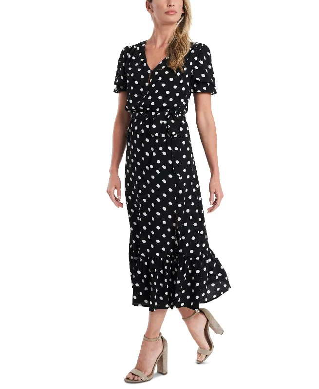 Women's Short Sleeve Polka-Dot Tie-Waist Midi Dress Wedding guest midi dresses