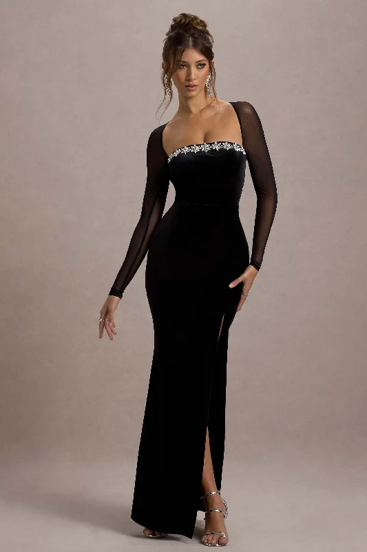 Ashby | Black Velvet Embellished Square-Neck Split Maxi Dress Birthday maxi dresses