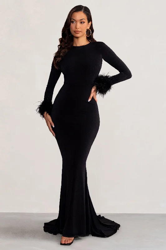 Betty | Black High Neck Long Sleeve Maxi Dress with Feather Cuffs Women's maxi dresses