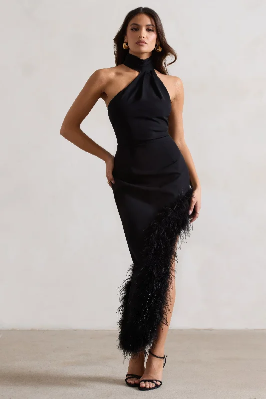 Brilliance | Black Asymmetric Maxi Dress With Feather Trim Tiered maxi dresses