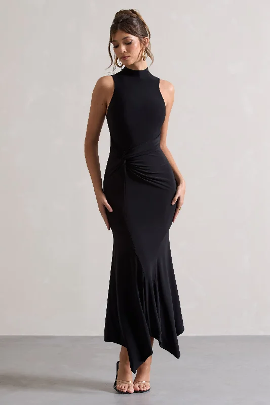 Brionna | Black High-Neck Twist Maxi Dress Knitted maxi dresses