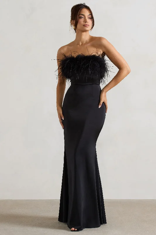 Dress For It | Black Satin Feather Trim Maxi Dress Cotton maxi dresses