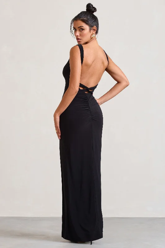 Elle | Black Square-Neck Open-Back Split Maxi Dress Glamorous maxi dresses