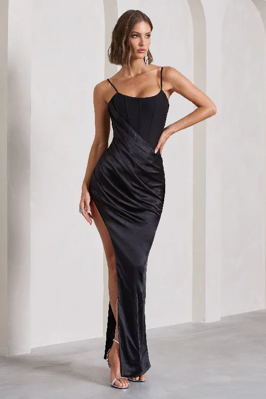 In Attendance | Black Satin Draped Corset Split Maxi Dress Best maxi dresses for casual wear