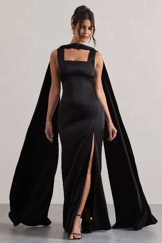 Intuition | Black Satin Square-Neck Split Maxi Dress With Scarf Velvet maxi dresses