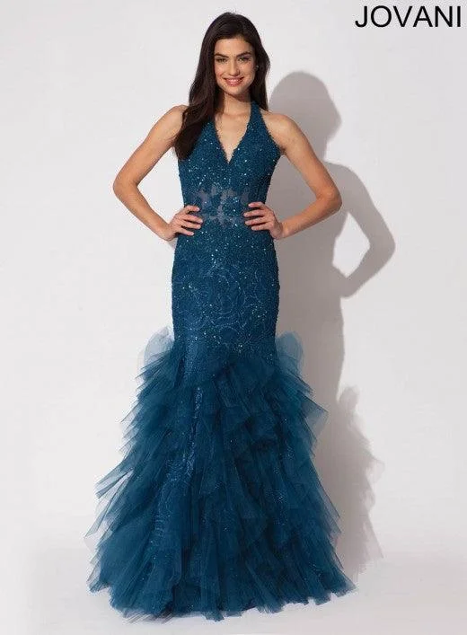 Jovani 79095 Prom Long Beaded Halter Formal Dress Denim maxi dresses