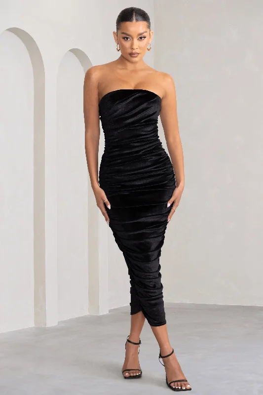 My Lady | Black Velvet Strapless Bodycon Ruched Mesh Maxi Dress Women's maxi dresses