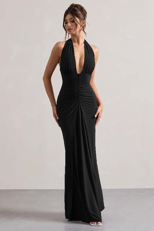 Payton | Black Ruched Halter-Neck Maxi Dress Stretchy maxi dresses