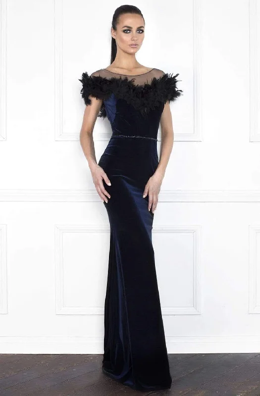 Nicole Bakti - 6851 Illusion Feather Ornate Velvet Sheath Gown Boho party dresses