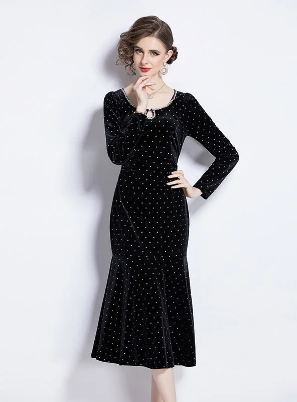 Retro Polka-dot Velvet Dress Dark color unclassified dresses