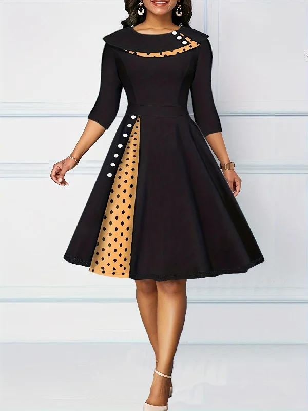 A-line Retro Dress, 3/4 Sleeve Polka Dot Casual Dress Bold pattern unclassified dresses